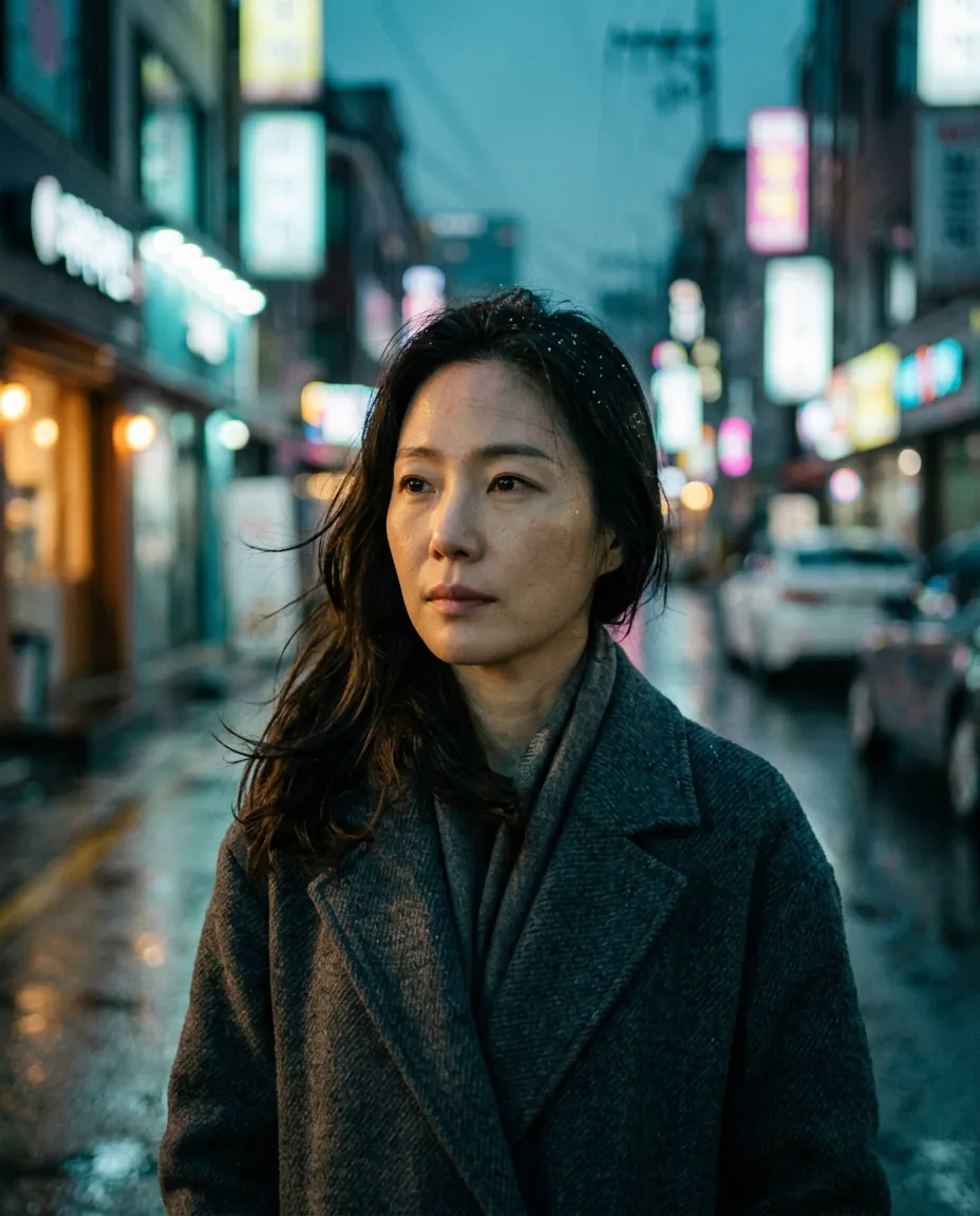 비 오는 밤거리의 여성 (AI)