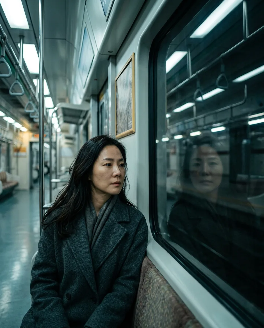 두 번째 컷, 같은 여성이 지하철에 앉음 (AI)