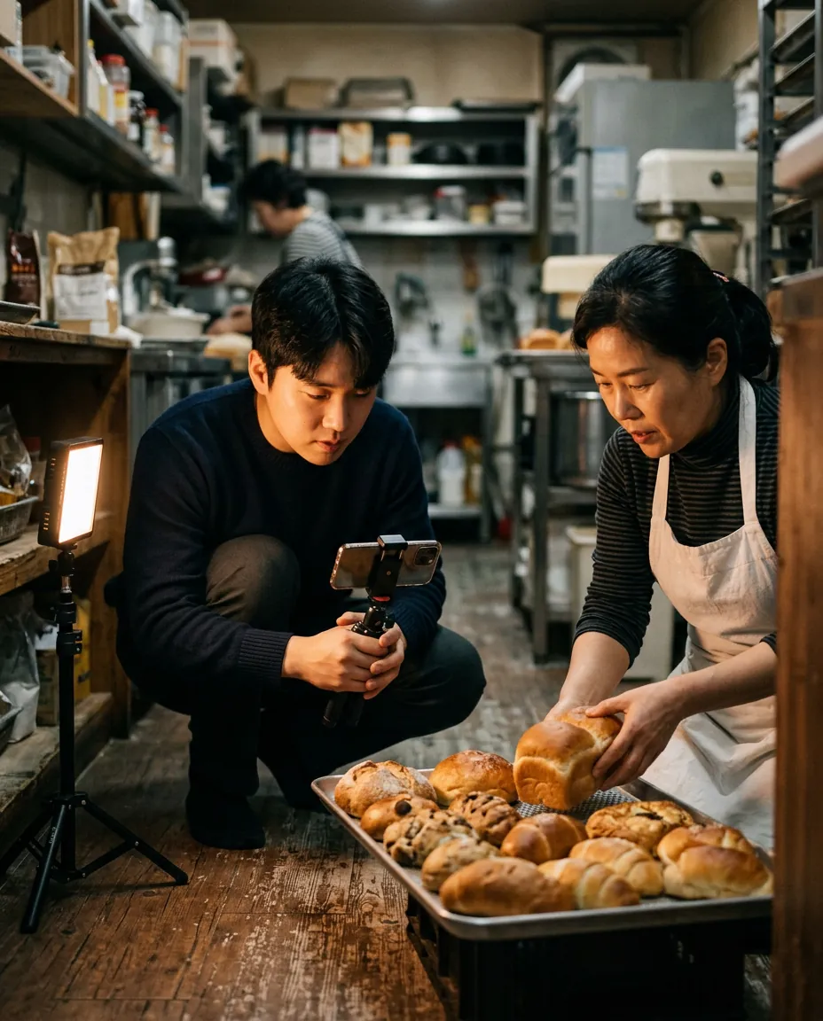 빵집에서 첫 장면을 찍는 모습 (AI 연출)
