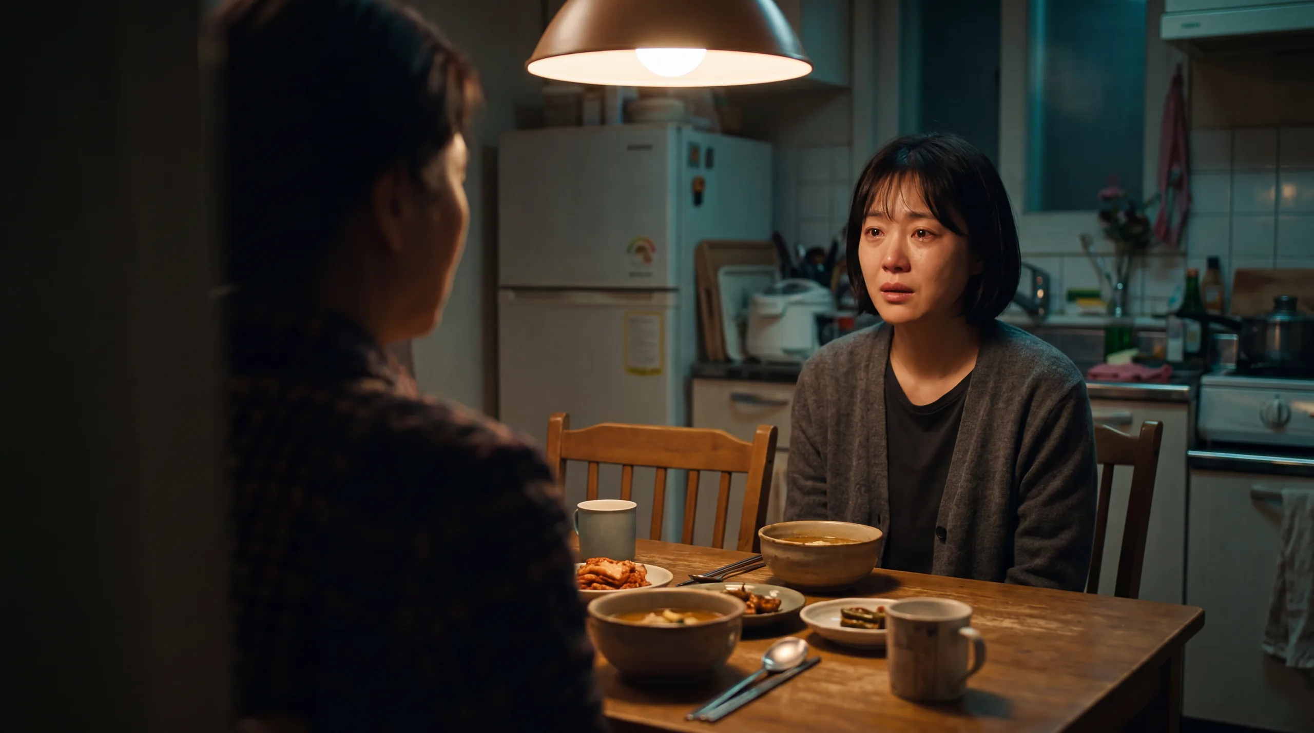 부엌 식탁에서 엄마와 마주 앉은 딸, AI로 만든 예시 장면