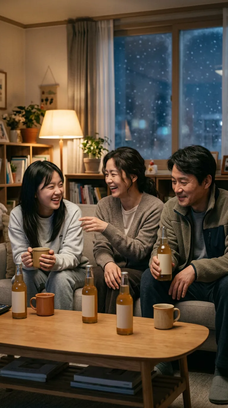 거실 소파에서 웃는 가족, 탁자 위 병 음료가 제품 자리로 표시된 예시 장면