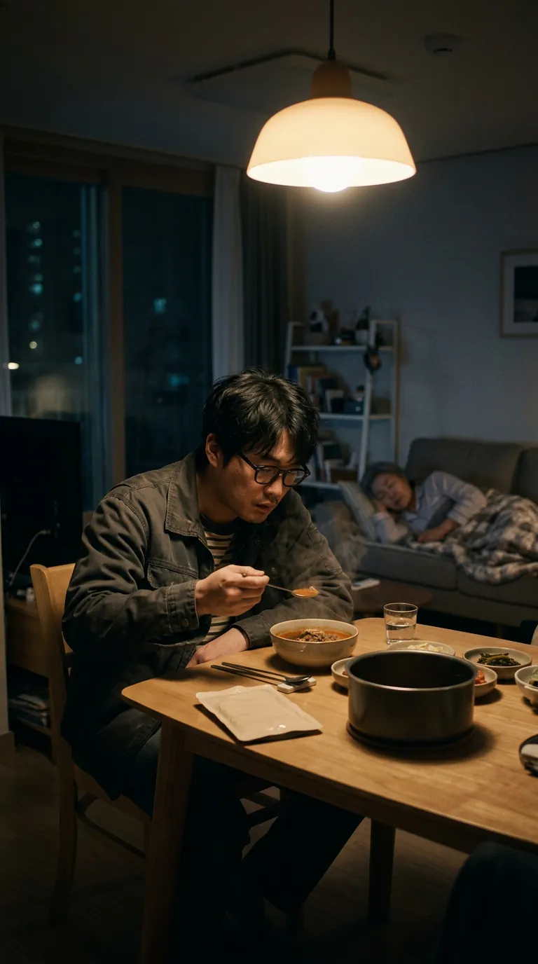 밤늦게 식탁에서 몰래 야식을 먹는 아들과 소파에서 잠든 엄마, 식탁 위 포장이 제품 자리로 표시된 예시 장면
